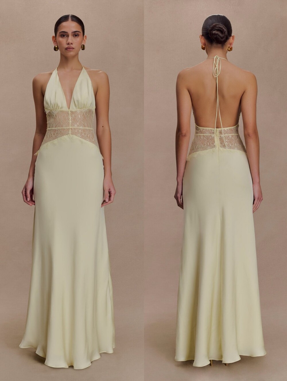 Meshki Dinah Halter Lace Satin Maxi Dress - BUTTER YELLOW XS